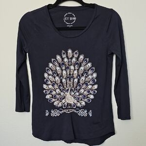 Lucky Brand Embroidered Embellished Dark Blue Peacock Long Sleeve Tee XS